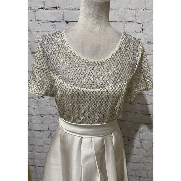 NWT R&M Richards White Short Sleeve Sequin Satin Bow Hi Low Formal Dress Gown 10 - Picture 2 of 10